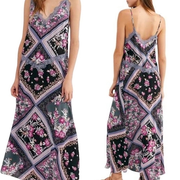 Free People Black and Pink Floral Maxi Dress Size L - Picture 1 of 7
